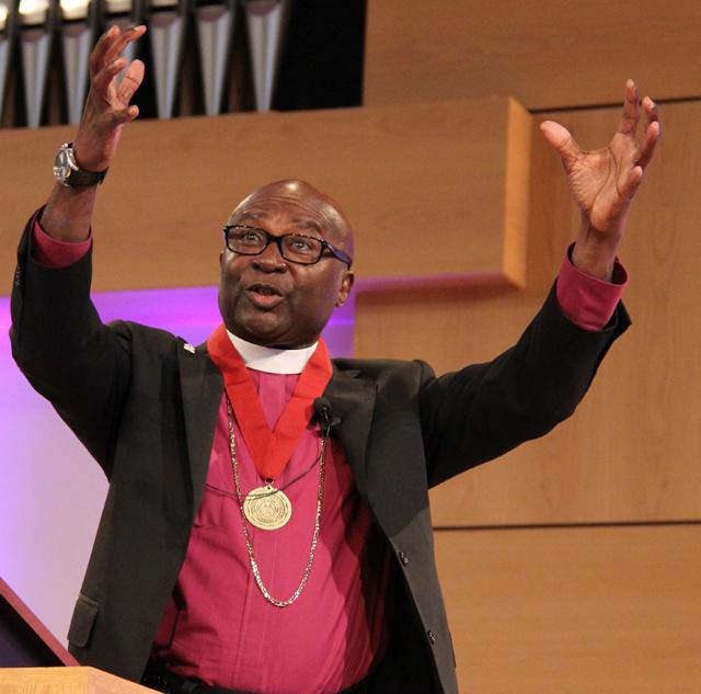 Bishop Charles J. King Jr., eleventh district of the Christian Methodist Episcopal Church, speaks at Campbellsville University's chapel during Holy Week. (Campbellsville University  Photo by Rachel DeCoursey)